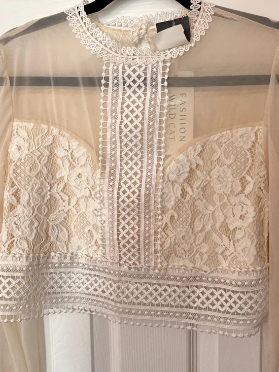 Delicate Lace Overlay Long-Sleeve Top — Cream - Picture 2 of 14
